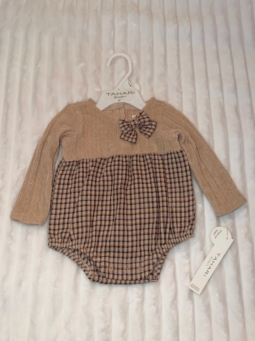 Tahari Baby Beige Knit Top with Plaid Bow Romper